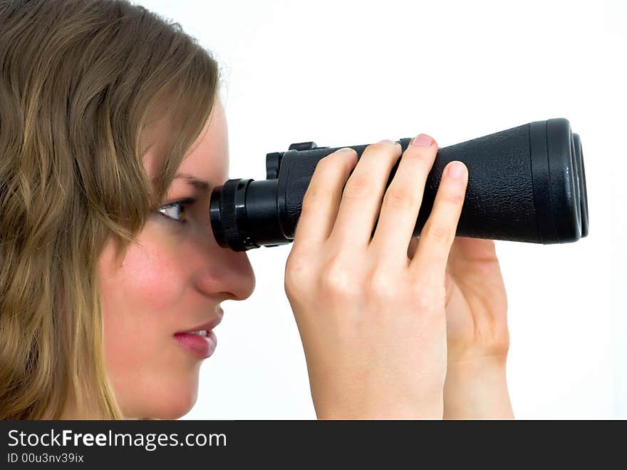 Smiling young adorable woman with large binoculars