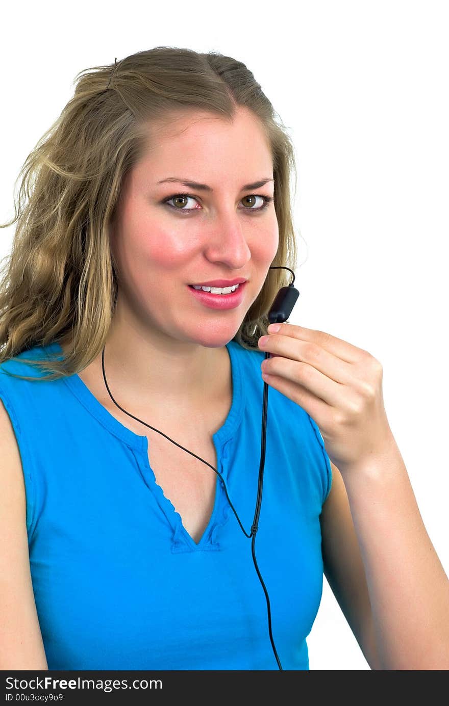 Young office woman in blue with a microphone. Young office woman in blue with a microphone