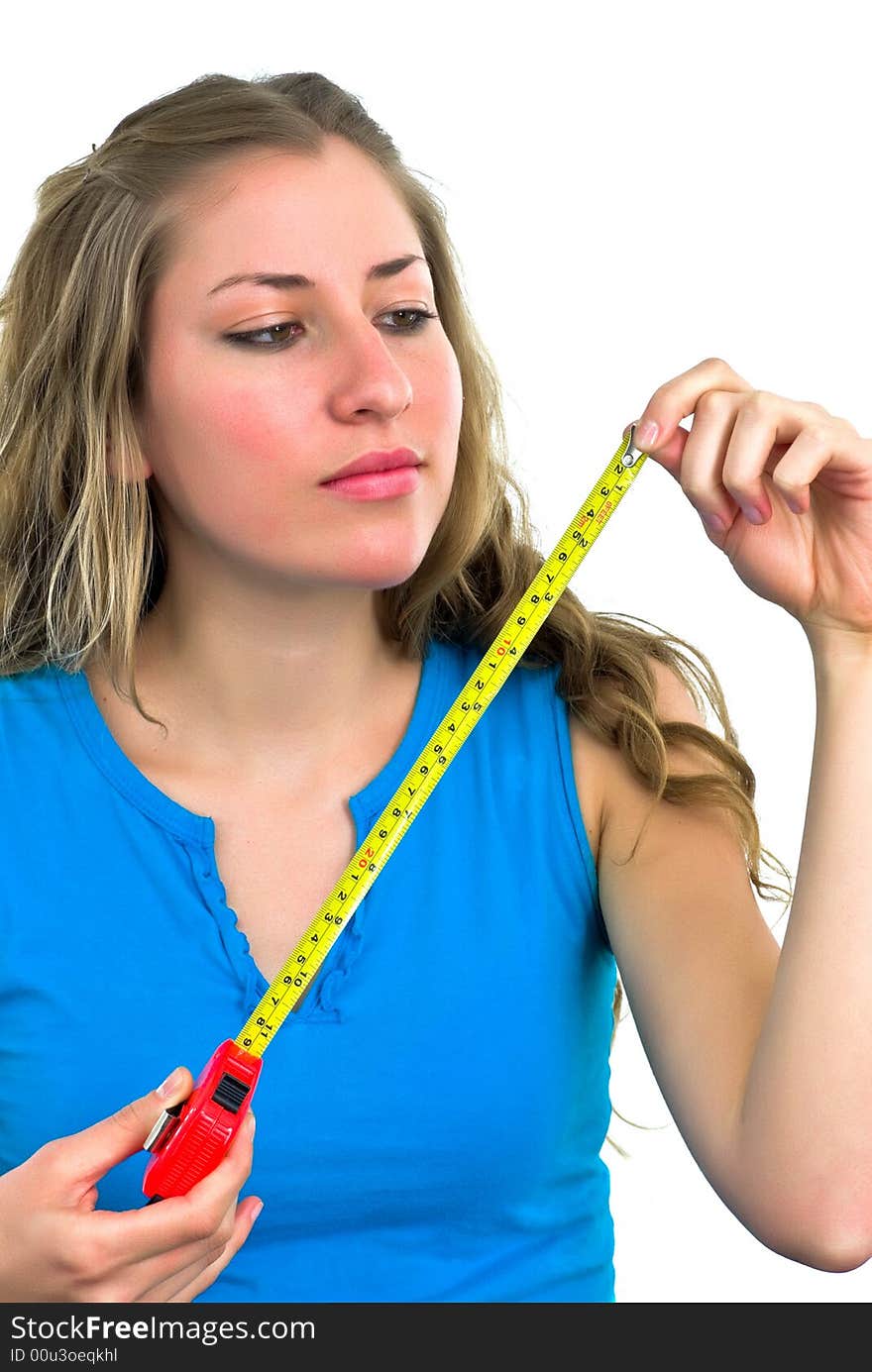 Young office woman in blue with a tape-measure. Young office woman in blue with a tape-measure