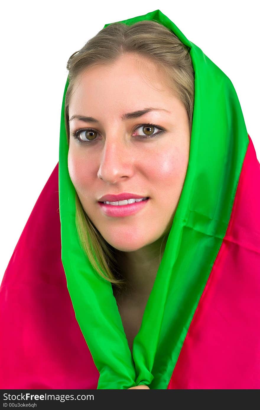 Smiling elegant lady wrapped in colorful shawl. Smiling elegant lady wrapped in colorful shawl