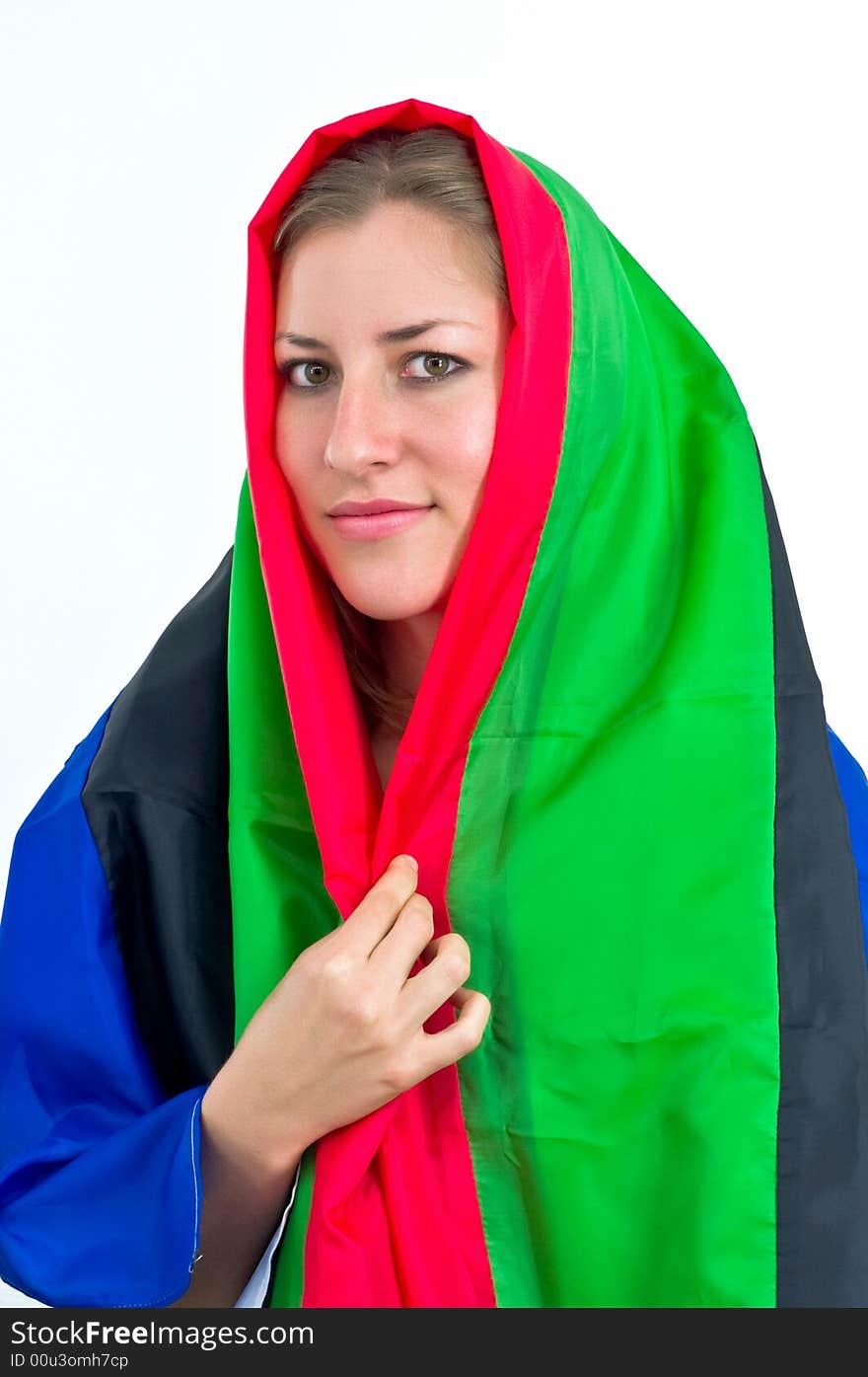 Smiling elegant lady wrapped in colorful shawl. Smiling elegant lady wrapped in colorful shawl