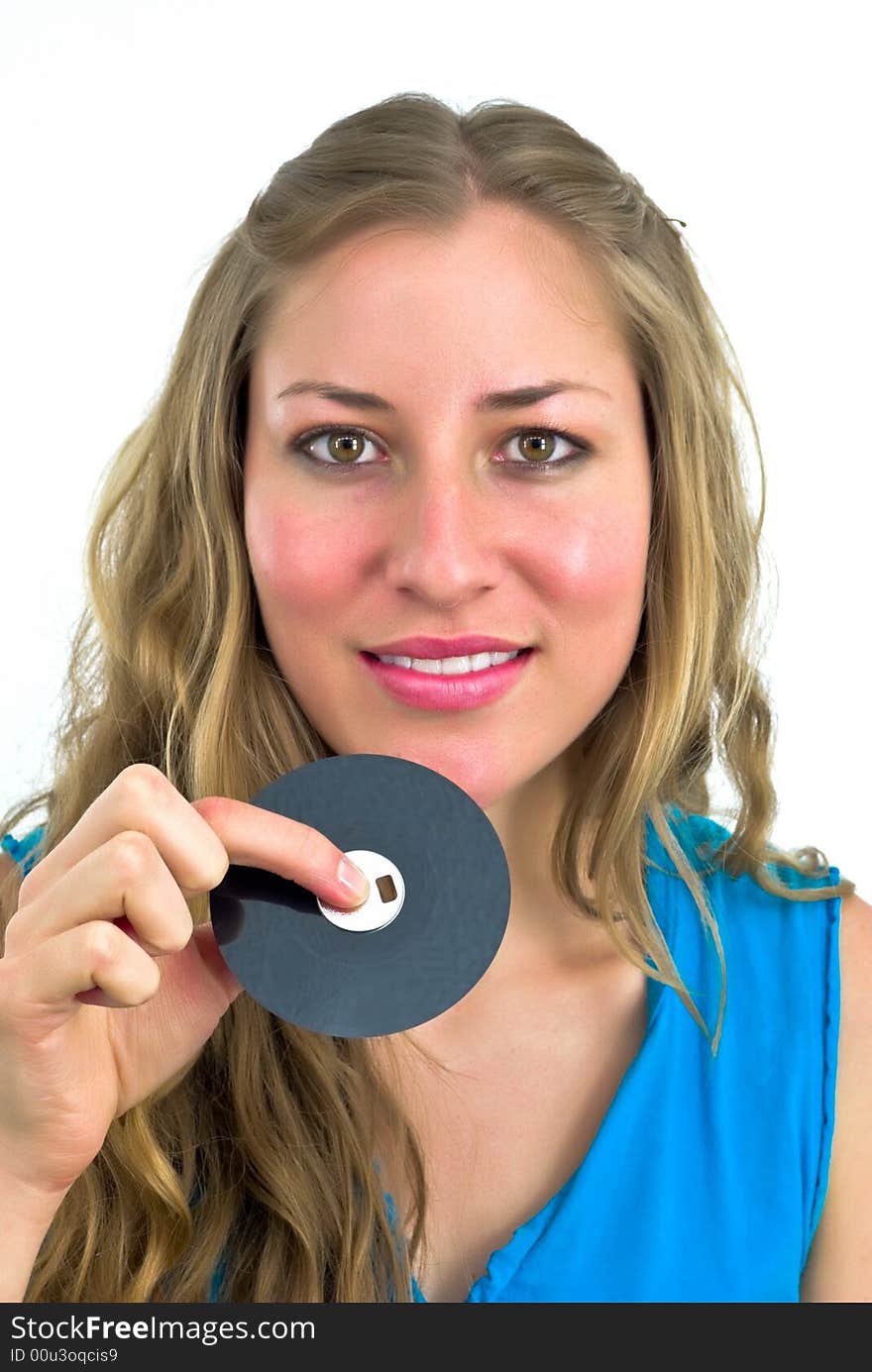 Young woman with a floppy disk