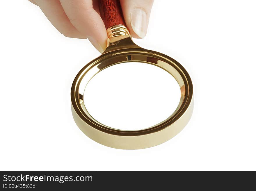 Magnifier in a female hand. Variant two. Objects isolated on a white background.