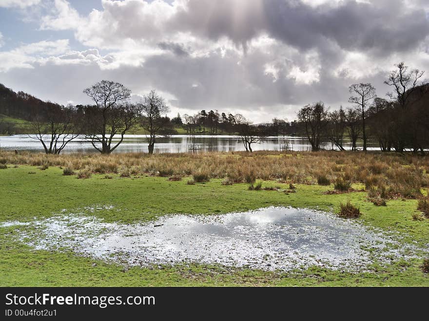 Sunlight shimmering on a patch of water in front of Loughrigg Tarn in the English Lake District