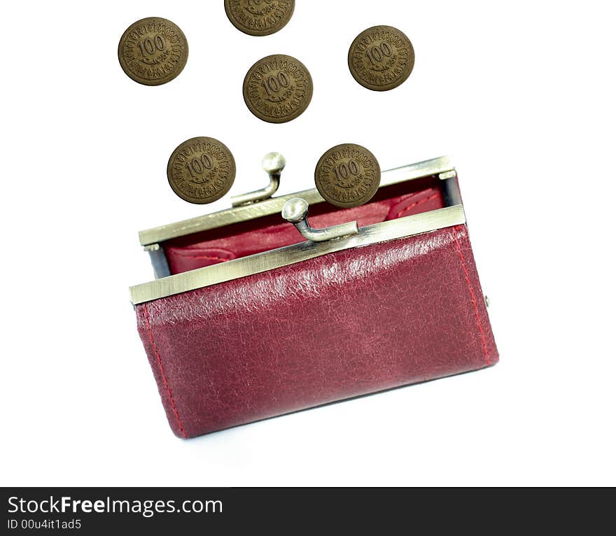 Money in a red purse on a white background