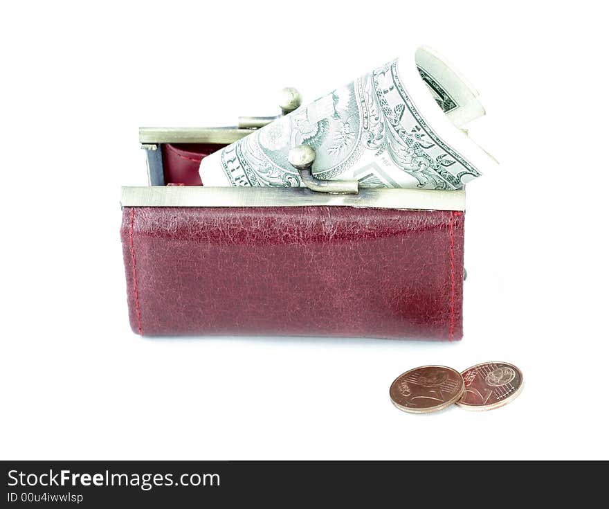 Money in a red purse on a white background