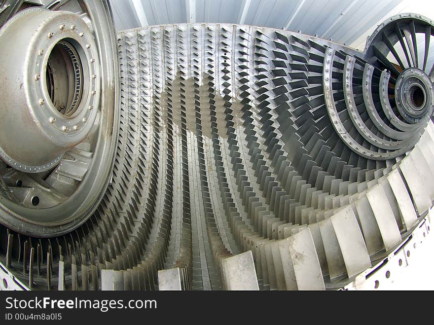 Fish-eye view of internal parts of a jet engine. Fish-eye view of internal parts of a jet engine