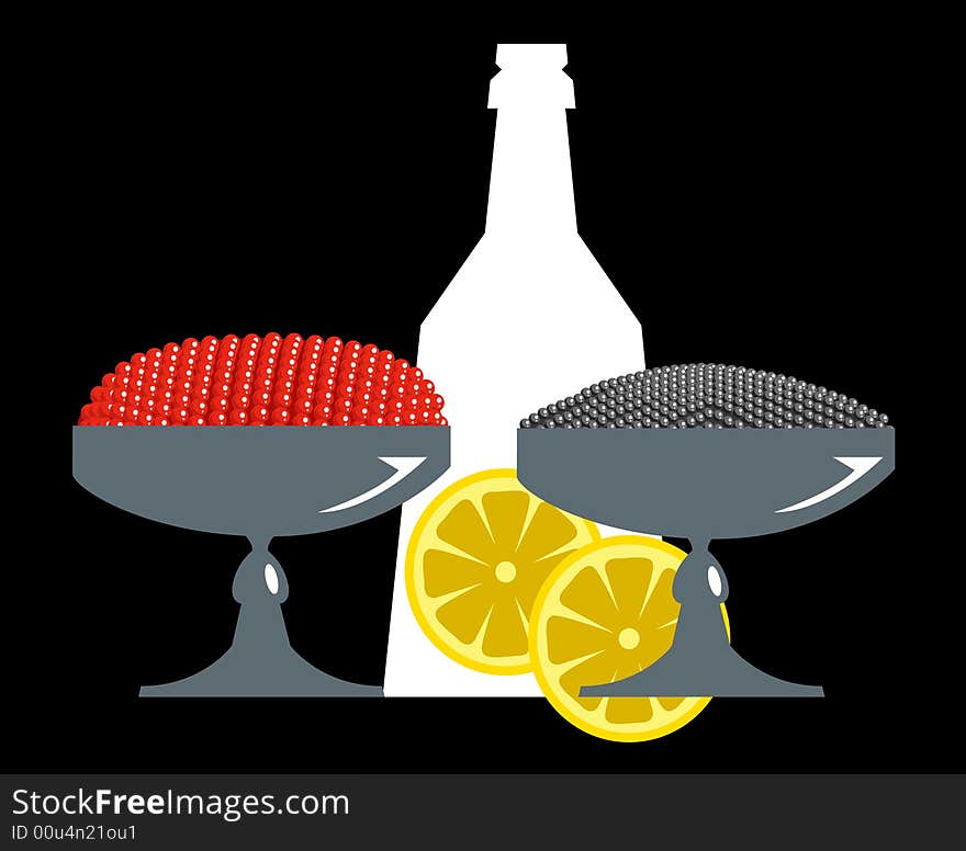 Bottle and two dishes with caviar on a black background