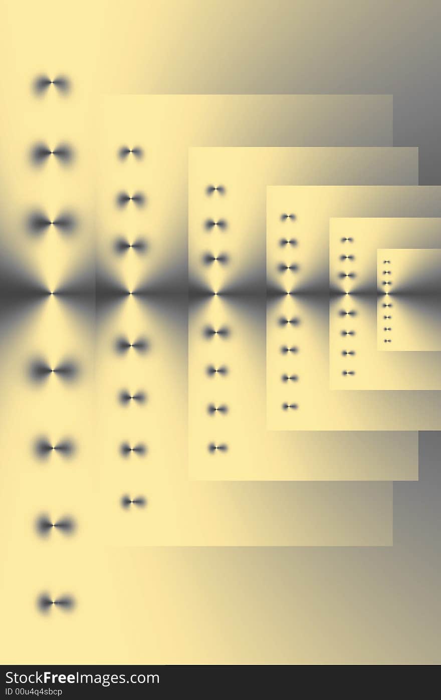 Abstract design in gold, black and gray of six repeating rectangles of various sizes with points of light on a horizontal axis. Abstract design in gold, black and gray of six repeating rectangles of various sizes with points of light on a horizontal axis.