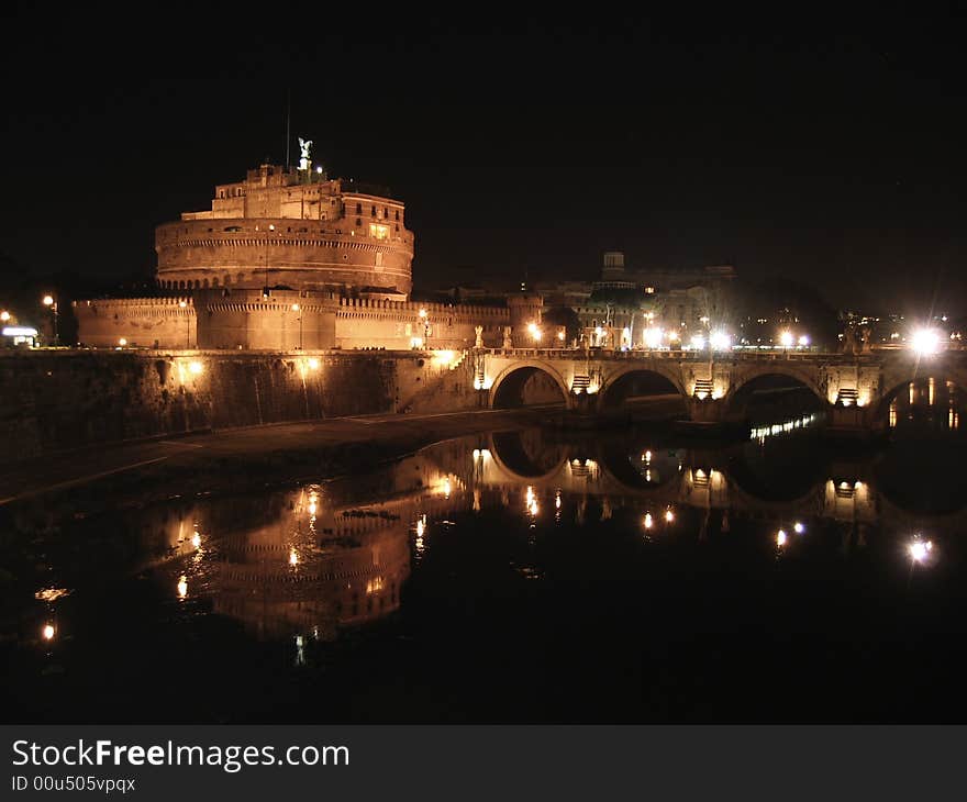 Night shot of the castle and bridge of st. Angelo from the Victor Manuel II bridge. Night shot of the castle and bridge of st. Angelo from the Victor Manuel II bridge