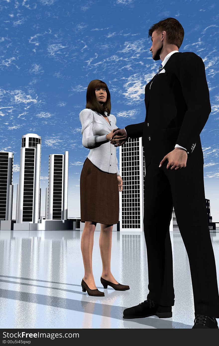 A businessman and a businesswoman shake hands in the city. A businessman and a businesswoman shake hands in the city