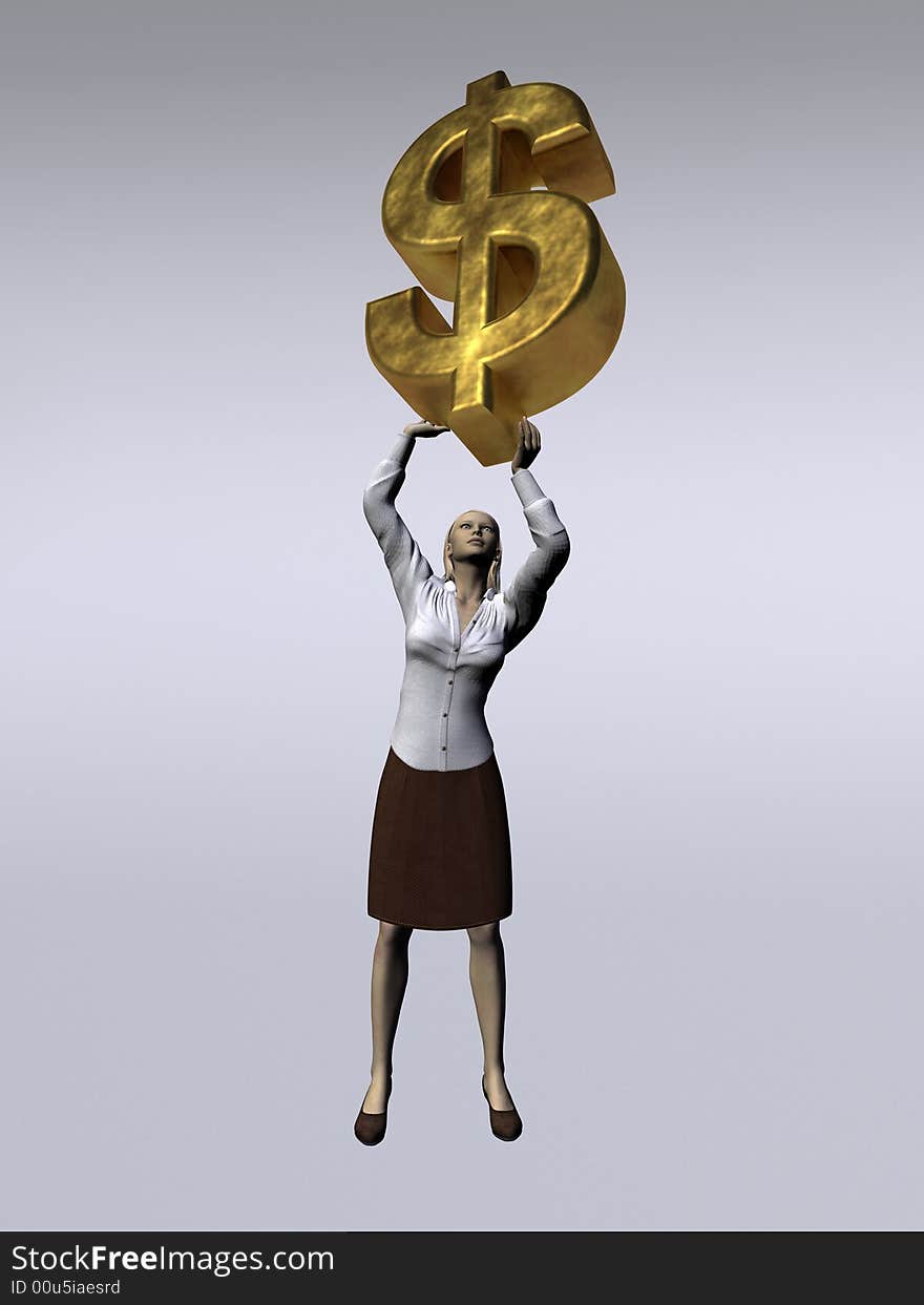 A woman lifts a large gold dollar sign. A woman lifts a large gold dollar sign