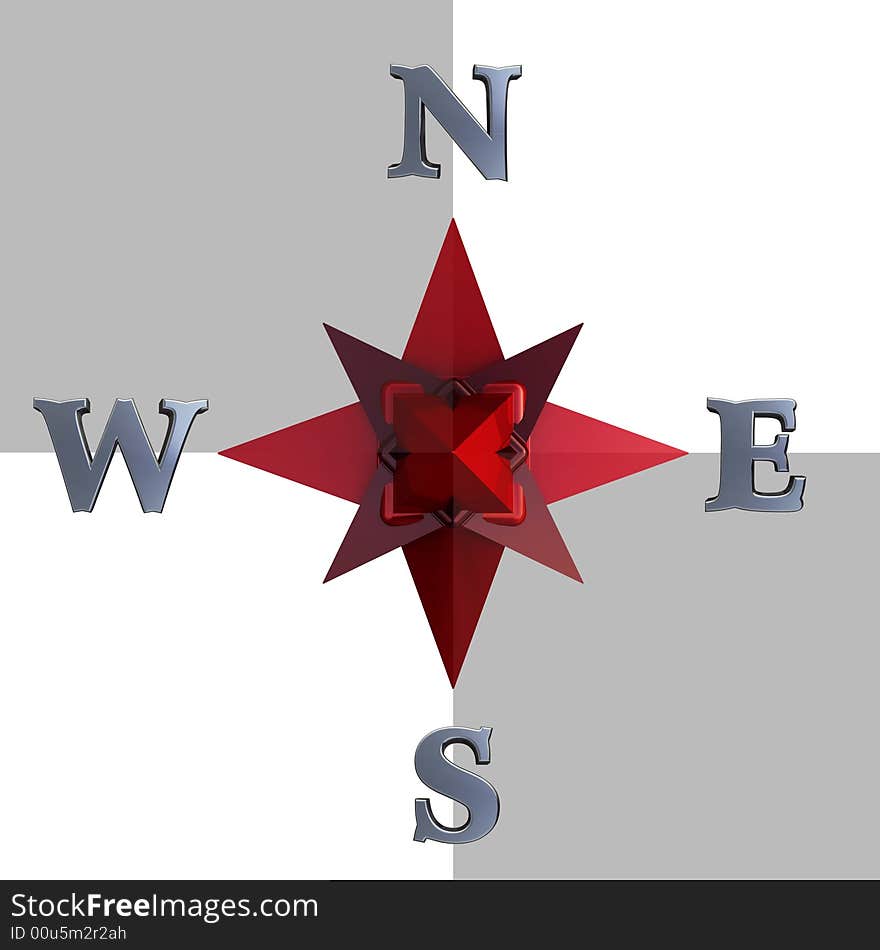 An abstract 3D rendering of a red compass. An abstract 3D rendering of a red compass.