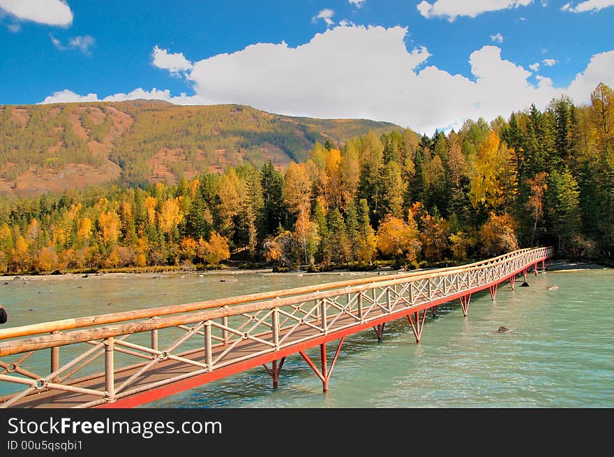 A bridge across Kanasi river in the north of Xinjiang Province