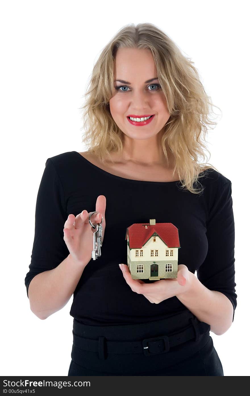 Business woman advertises real estate on white background