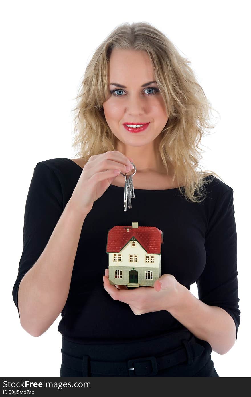 Business woman advertises real estate on white background