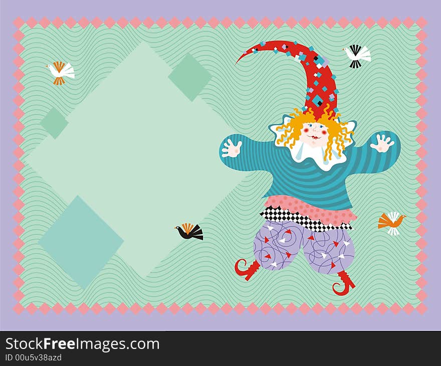 Vector illustrations, congratulatory postcard,  сlown, toys, jester, laughter and jokes. Available Corel Draw v.10. Vector illustrations, congratulatory postcard,  сlown, toys, jester, laughter and jokes. Available Corel Draw v.10