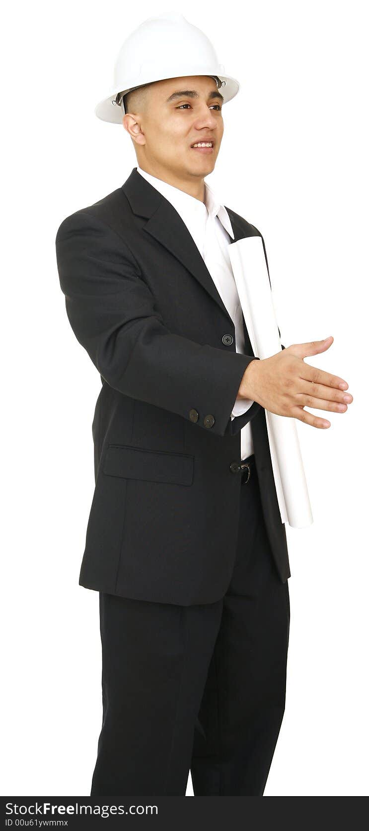 A man in business suit and hard hat holding floor plan and offering hand shake. A man in business suit and hard hat holding floor plan and offering hand shake