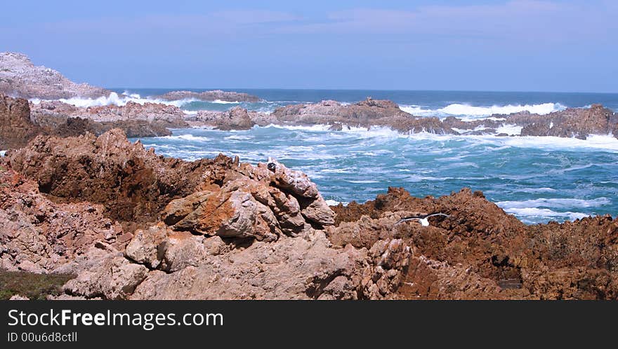 Rocky shores at Eastern Head where waters of Indian Ocean enter Knysna lagoon. Knysna, Western Cape, South Africa.