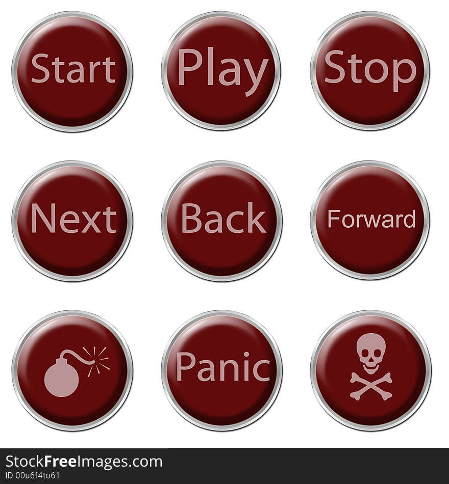 A set of nine red buttons on the white background. A set of nine red buttons on the white background