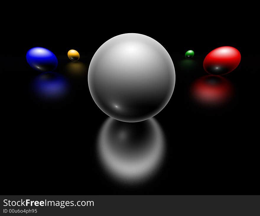 Five 3d couloured spheres, reflect effect, on black background. Five 3d couloured spheres, reflect effect, on black background