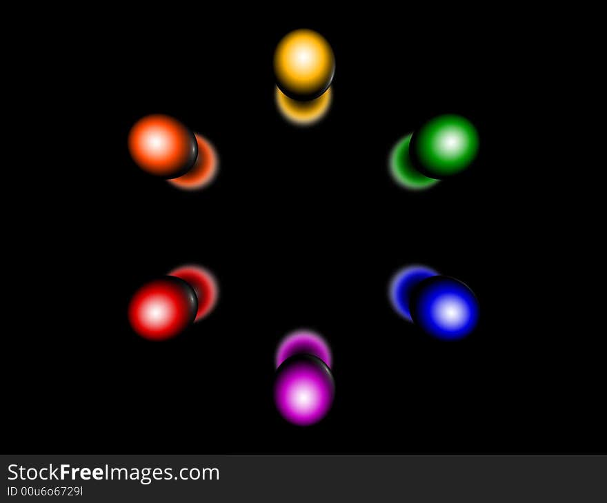 Five 3d couloured spheres, reflect effect, on black background. Five 3d couloured spheres, reflect effect, on black background