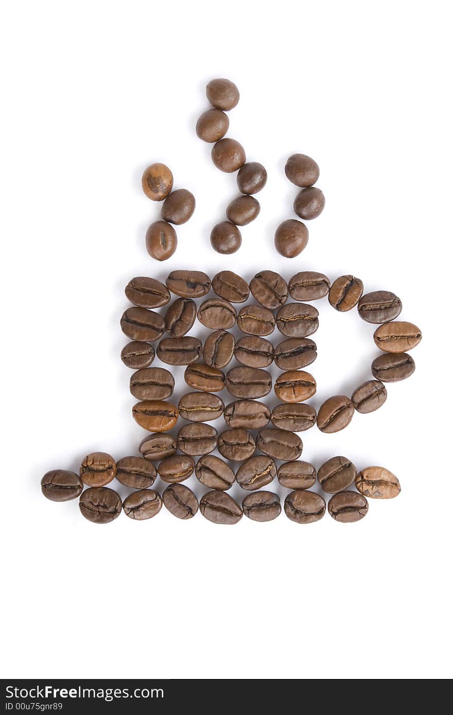 Coffee grains in the form of a cup on white