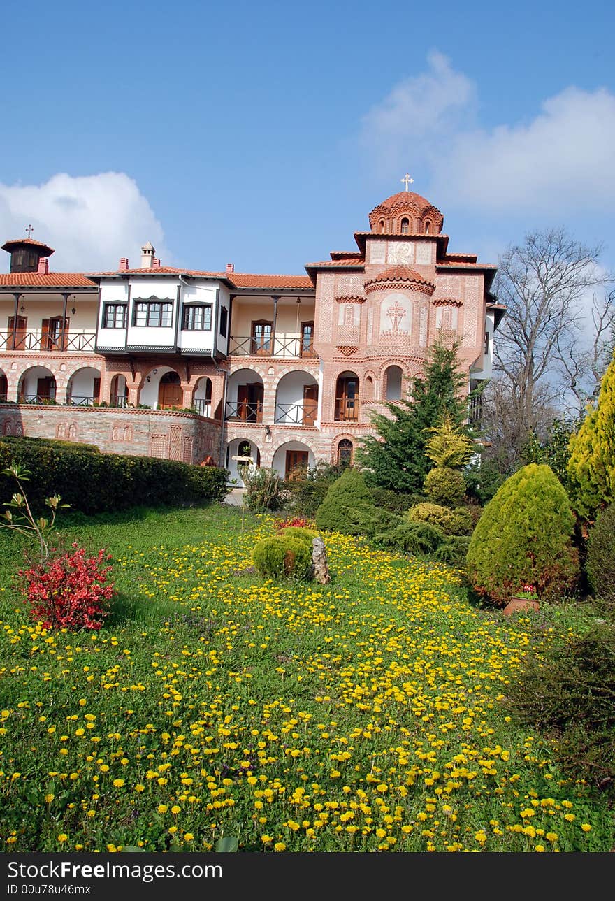 Greek monastery with a nice colorful garden