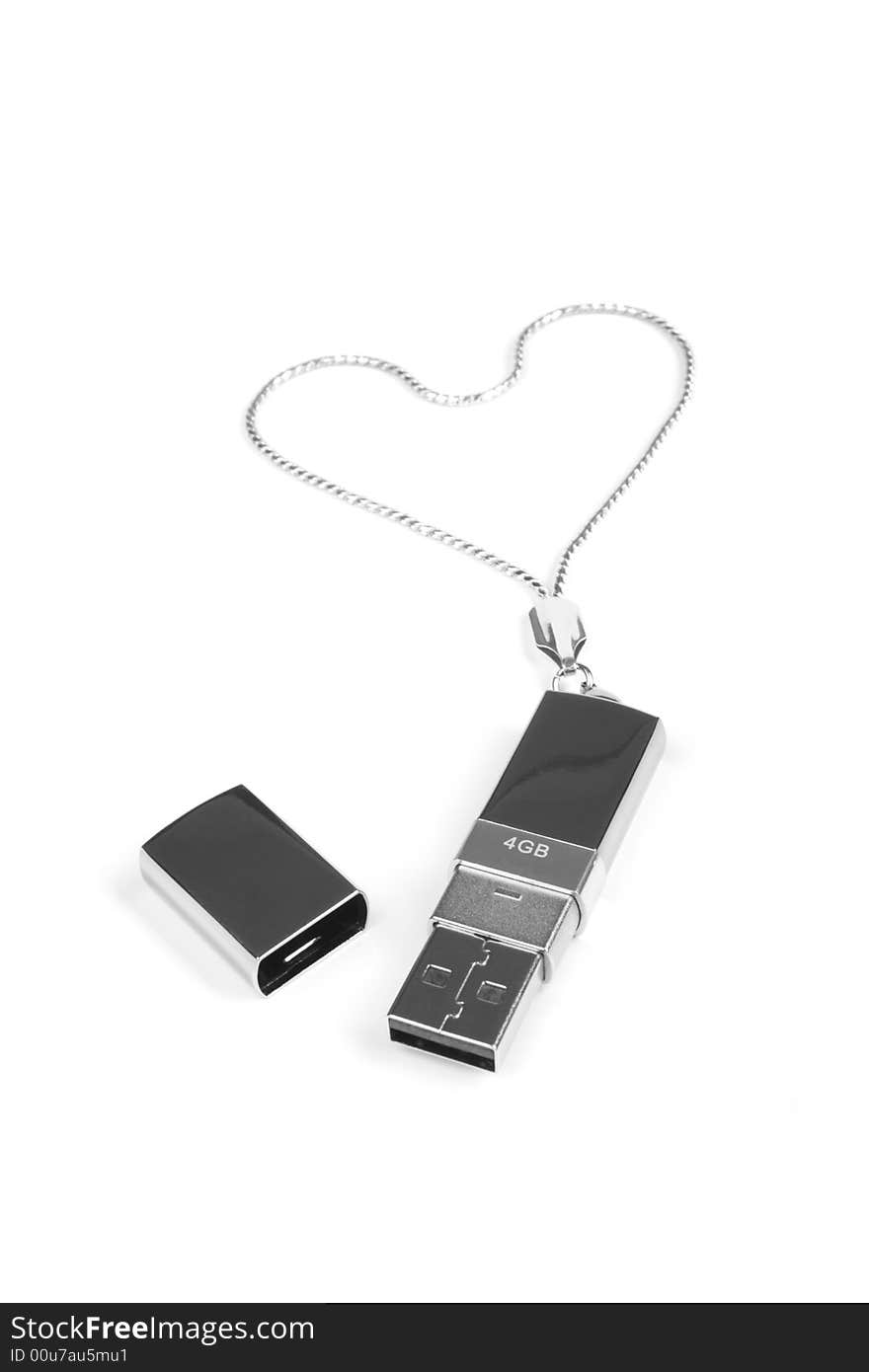 Flash drive on white, chrome, chain