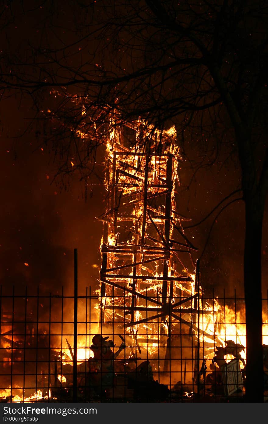 Burning Falla in Valencia. Big column of fire. Burning Falla in Valencia. Big column of fire