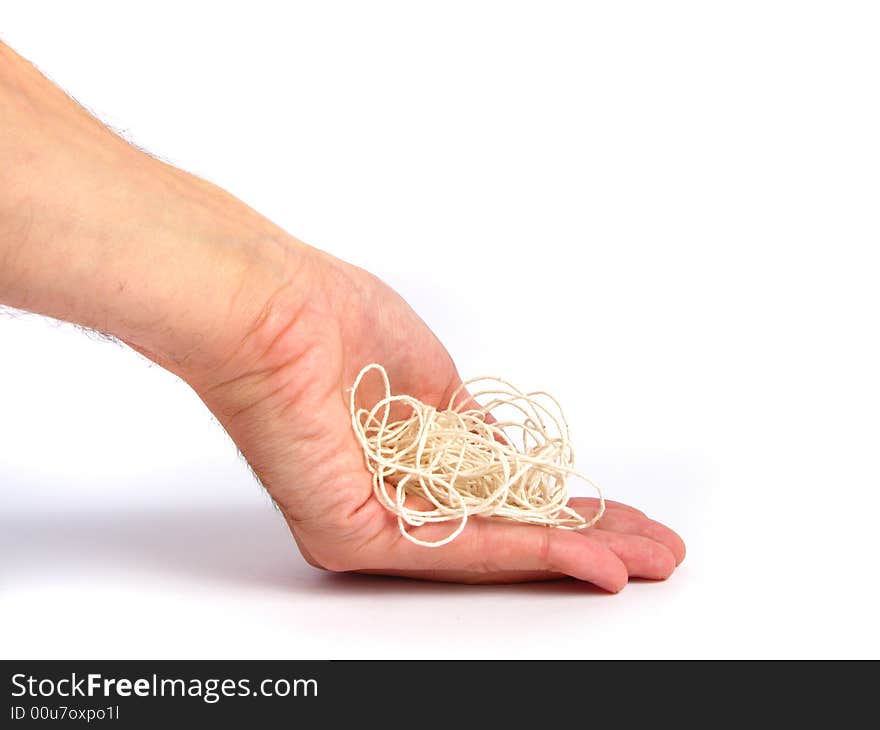 Hand ith Knot of thread, on white background. Hand ith Knot of thread, on white background