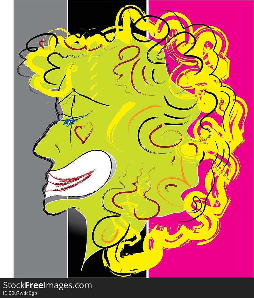 The profile of green clown with the heart on the cheek and the curly hair on strepped background. The profile of green clown with the heart on the cheek and the curly hair on strepped background