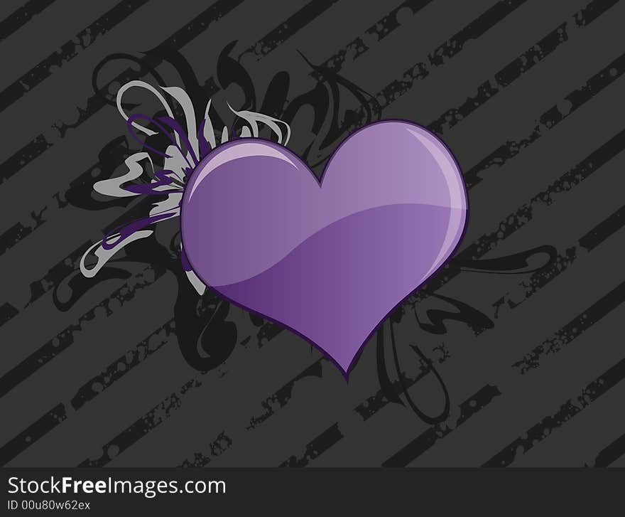 Graphic illustration of a dark grungy striped background with purple heart against lighter curly swirls. Graphic illustration of a dark grungy striped background with purple heart against lighter curly swirls.