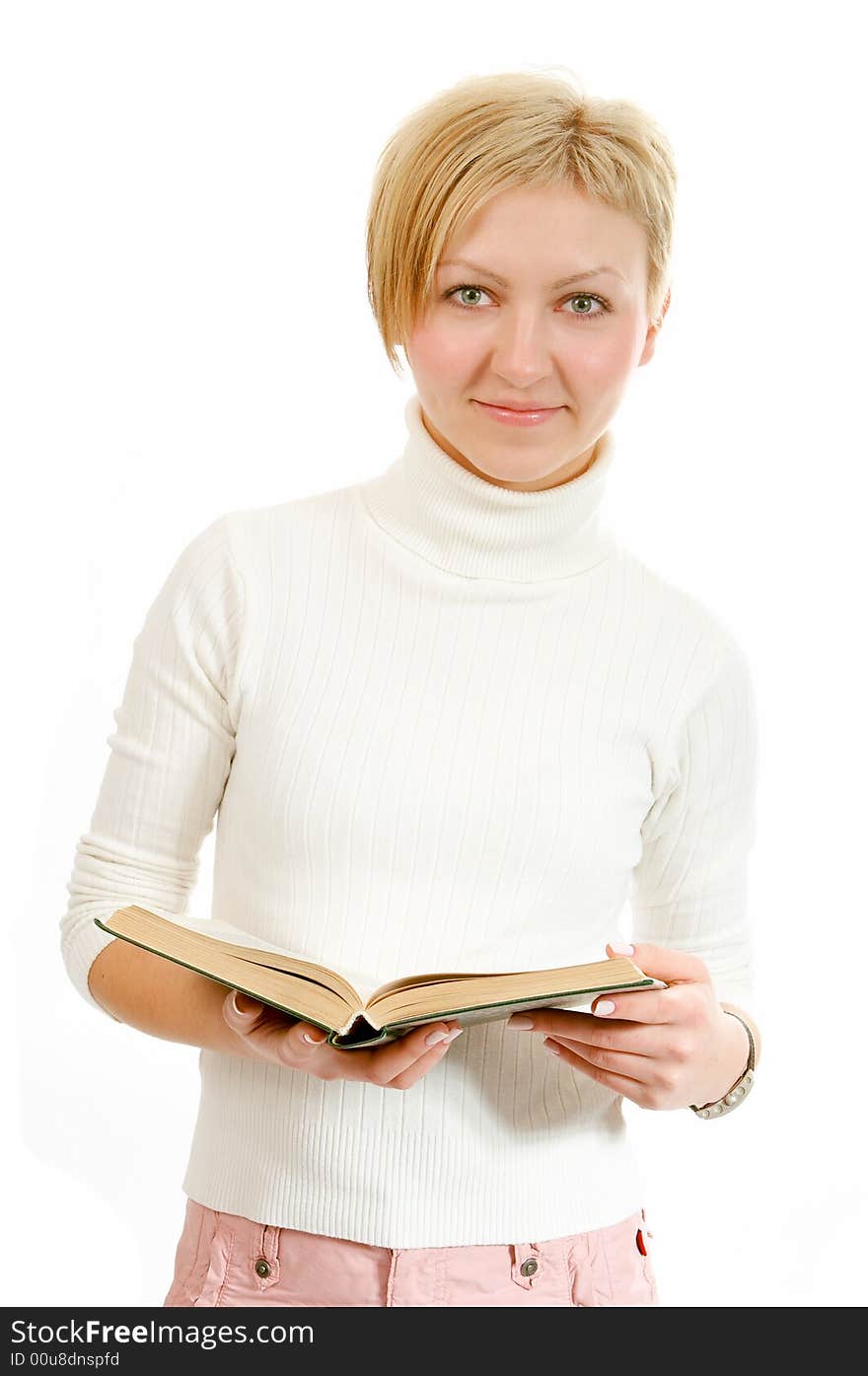 Woman with book on white background