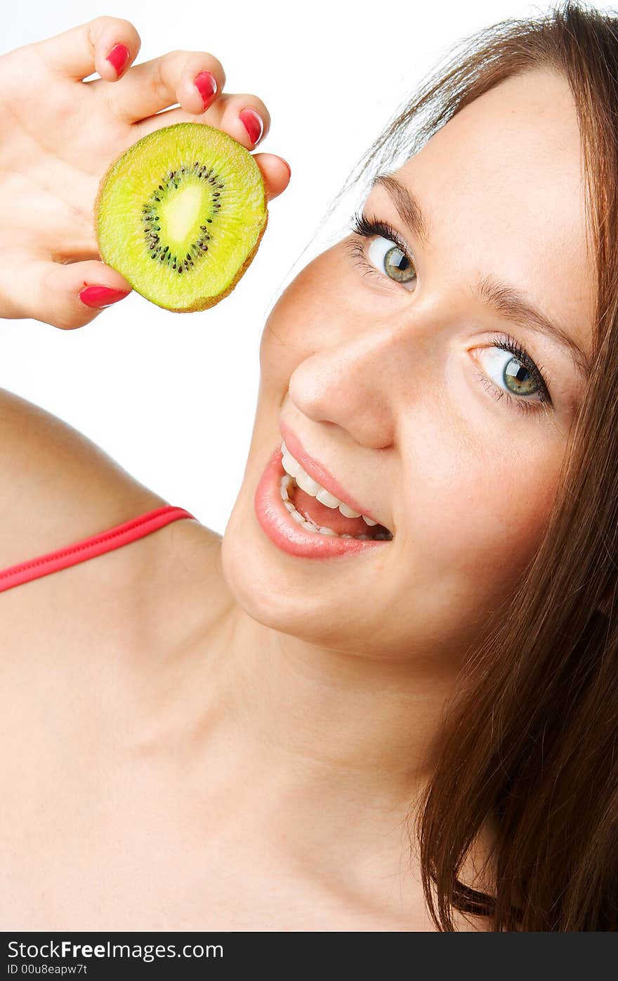 Woman with kiwi on white background