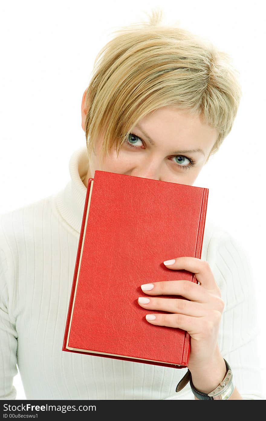 Woman with red book on white background