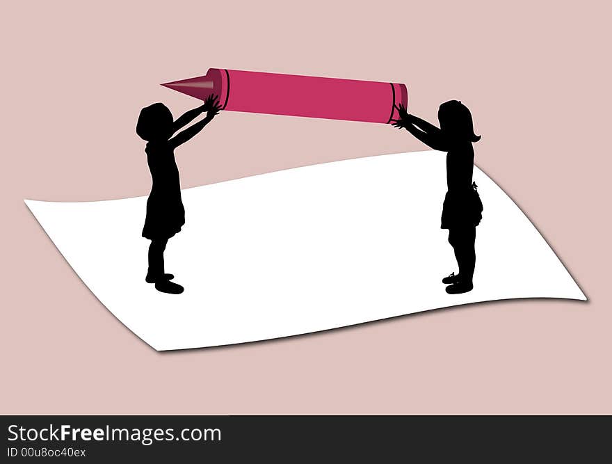 Illustration of mini children holding large crayons. Illustration of mini children holding large crayons