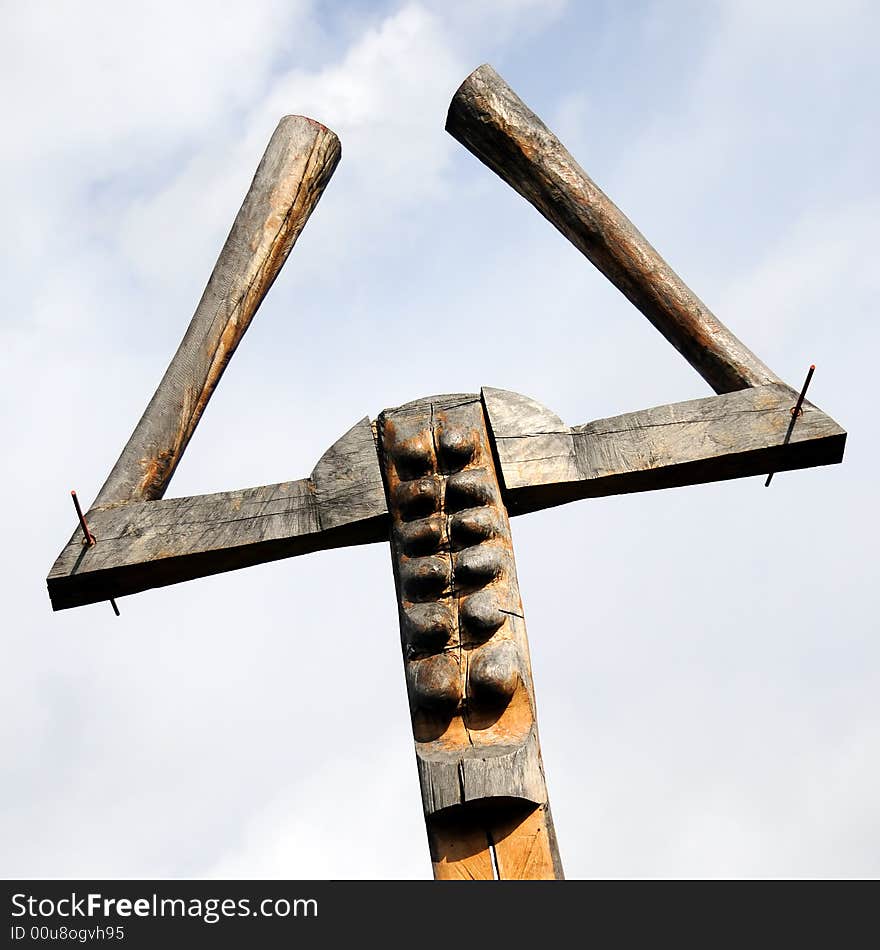 A view with an abstract wood sculpture. A view with an abstract wood sculpture