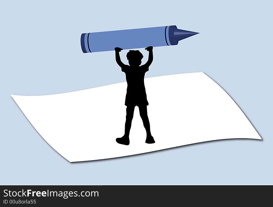 Illustration of mini boy holding large crayon. Illustration of mini boy holding large crayon