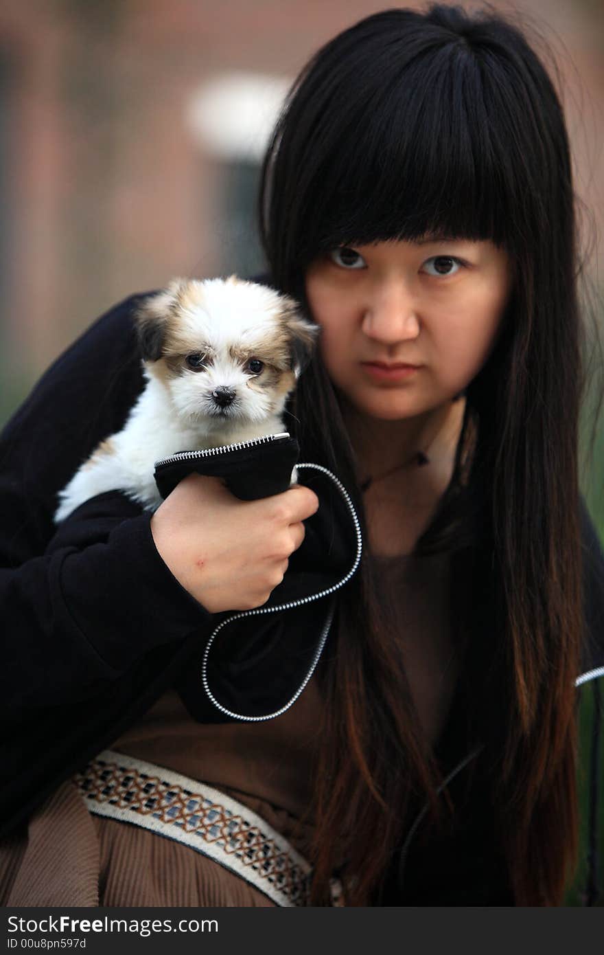 Girl and baby dog,outdoors