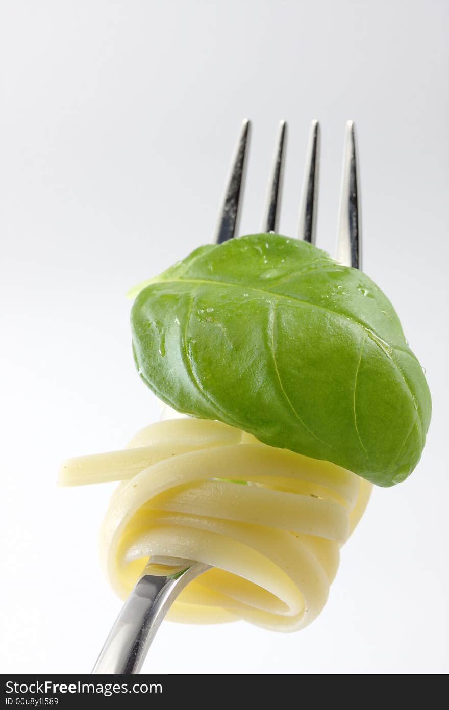 A fork with tagliatelle and a leaf of basil