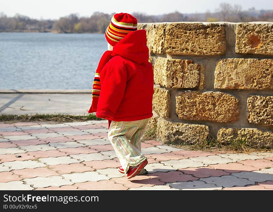 Little girl in a red jacket approaches to lake. Little girl in a red jacket approaches to lake