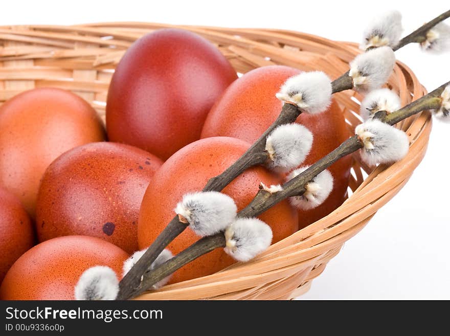 Easter eggs in a basket with catkins