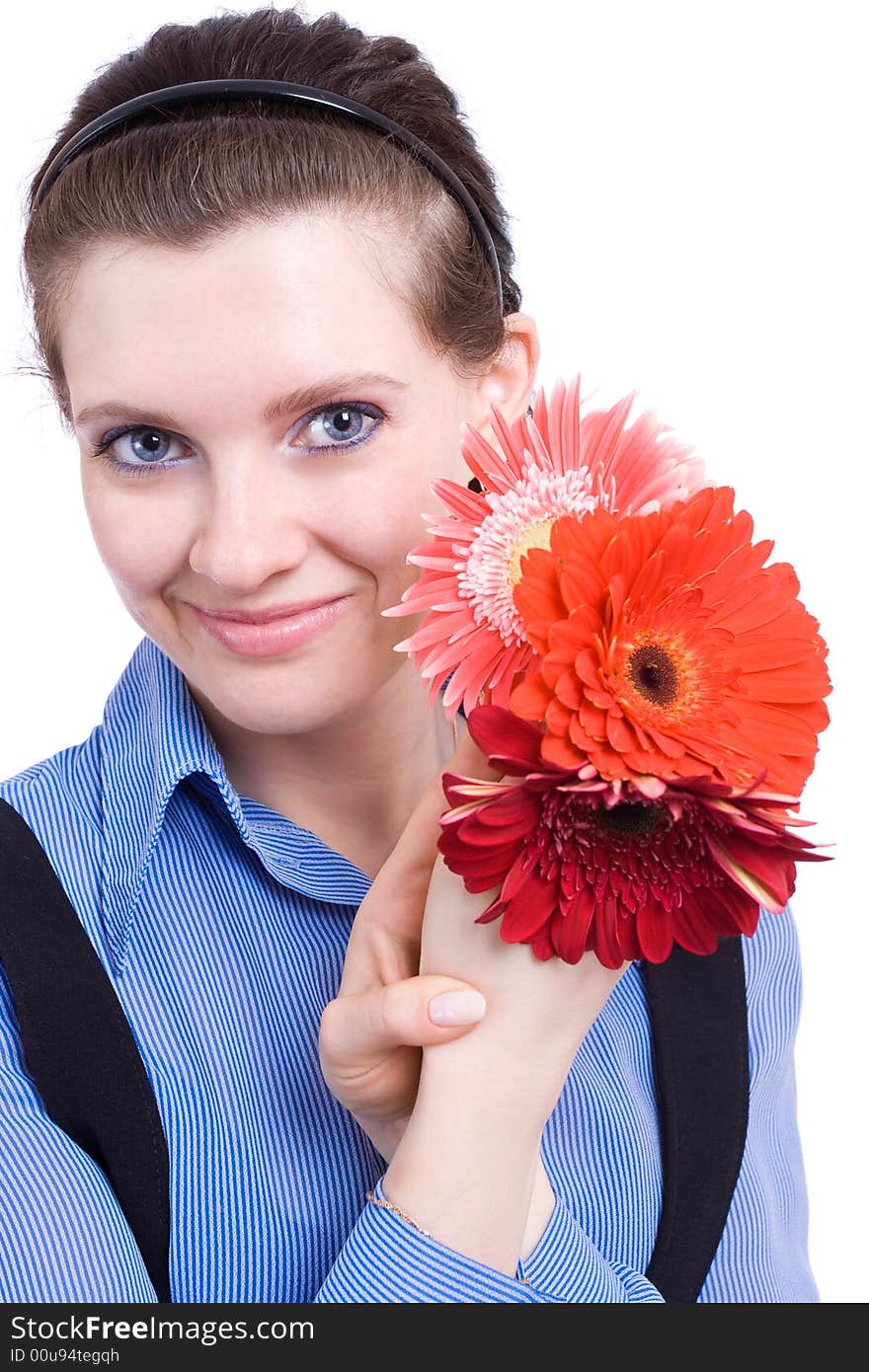 Young woman take hands a flowers. Young woman take hands a flowers