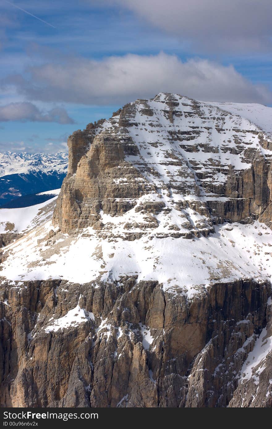 Beautiful winter mountain landscape in Italian Dolomites. Fassa Valley, popular ski resort.