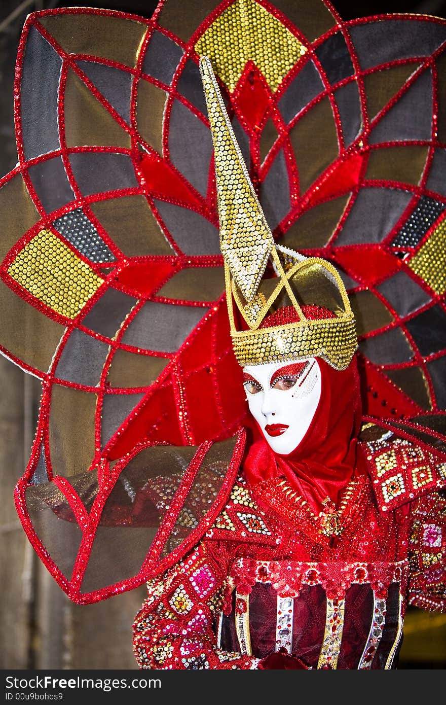 A fantastic red and gold costume at the Venice Carnival. A fantastic red and gold costume at the Venice Carnival