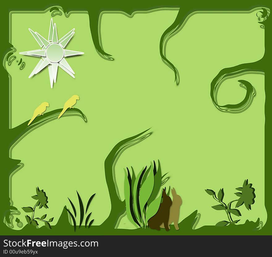 Twirly growing design with balanced and beautifully stylized shapes. evolving growing parrots rabbits plants flowers. Twirly growing design with balanced and beautifully stylized shapes. evolving growing parrots rabbits plants flowers