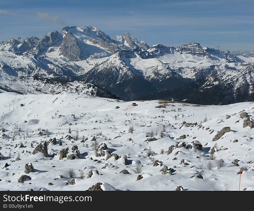 Livinallongo dolomites, with Marmolada glacier on a winter day