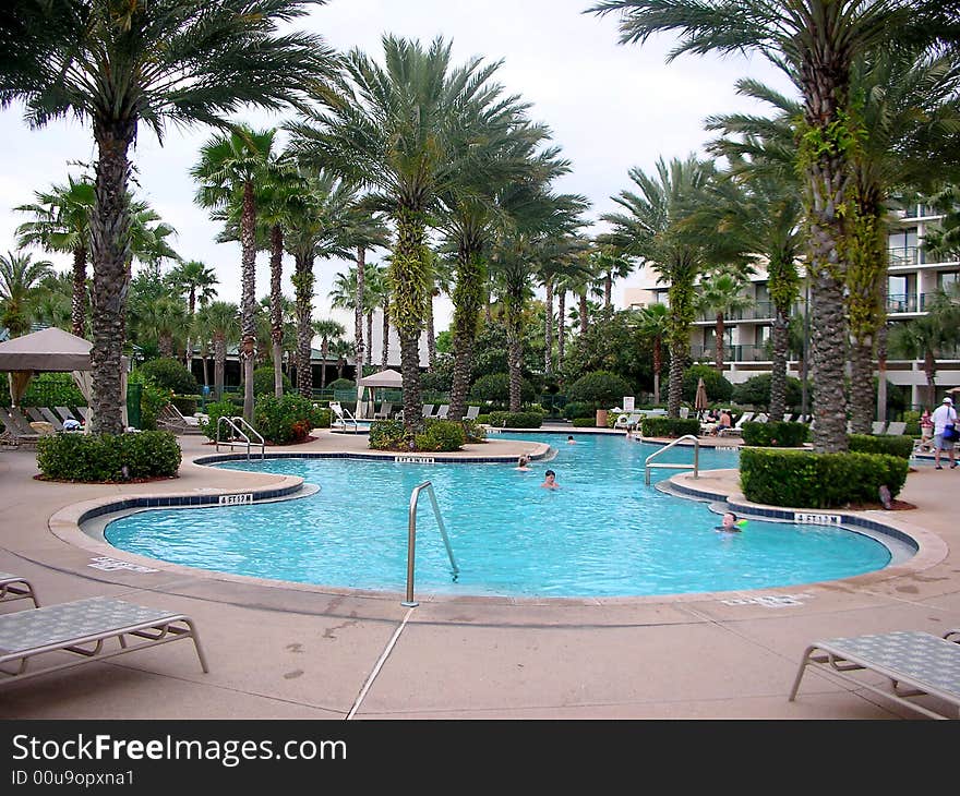 Swimming pool at the tropical resort with palm trees