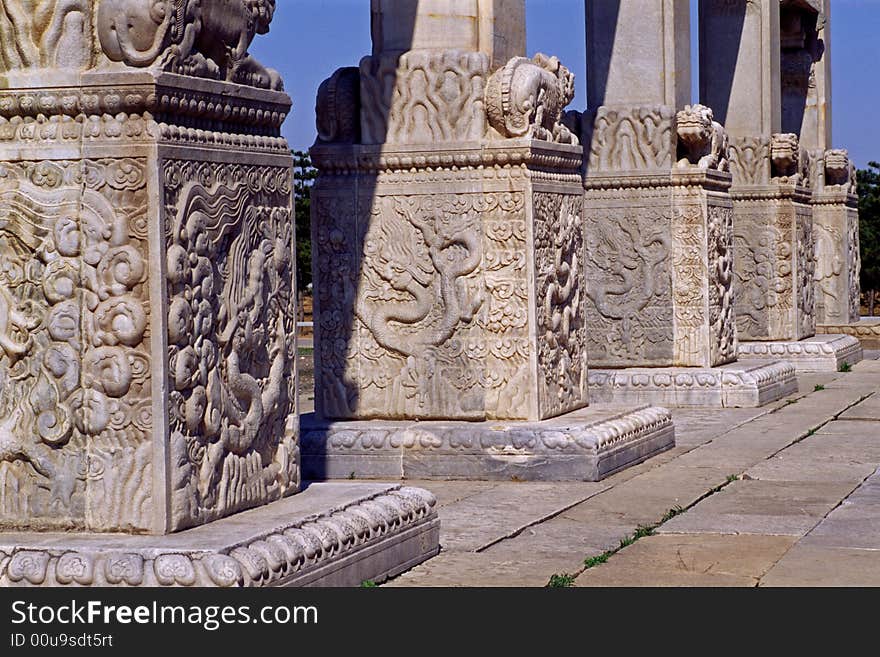 detail carvings of the five stone archway bases, the qing east tombs, china. detail carvings of the five stone archway bases, the qing east tombs, china.